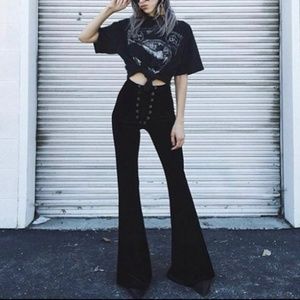 Black Lace-Up Velvet High Waisted Flared Bell Bottoms